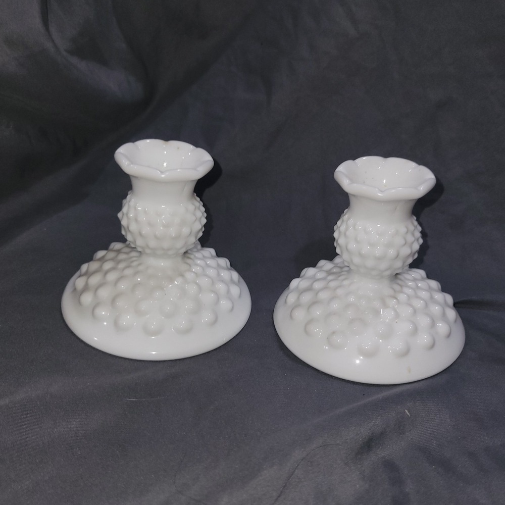 Vintage Fenton Milk White Glass Hobnail 3974 Candlestick Candle Holder Pre 70s